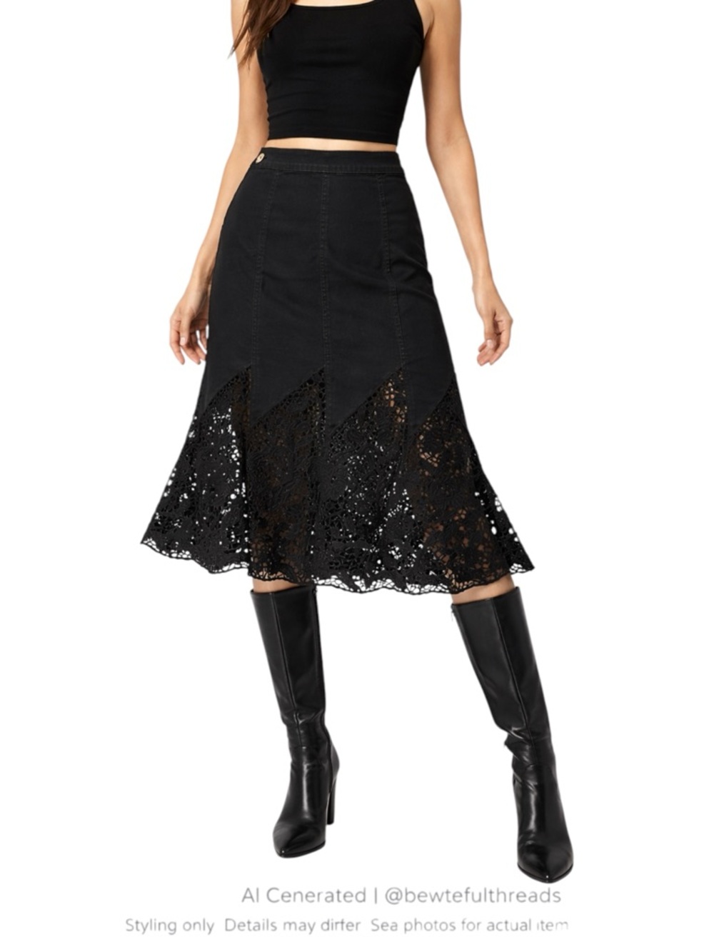 Black Cutwork Lace Hem Midi Skirt Rhinestone A-Line Goth Boho XS